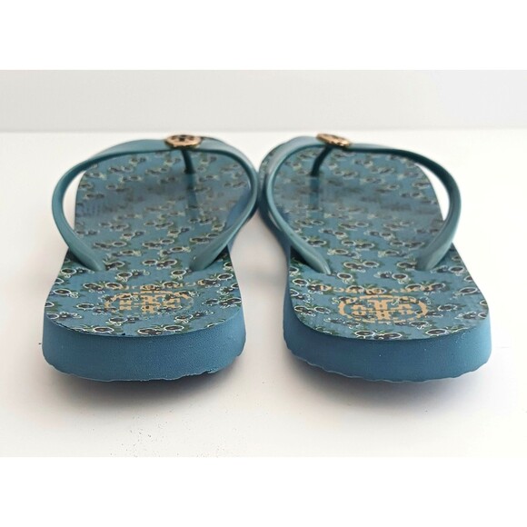 Tory Burch Flip Flops Cornflower Blue Printed Insole Gold Logo 1/2" Strap 9M - Picture 5 of 9